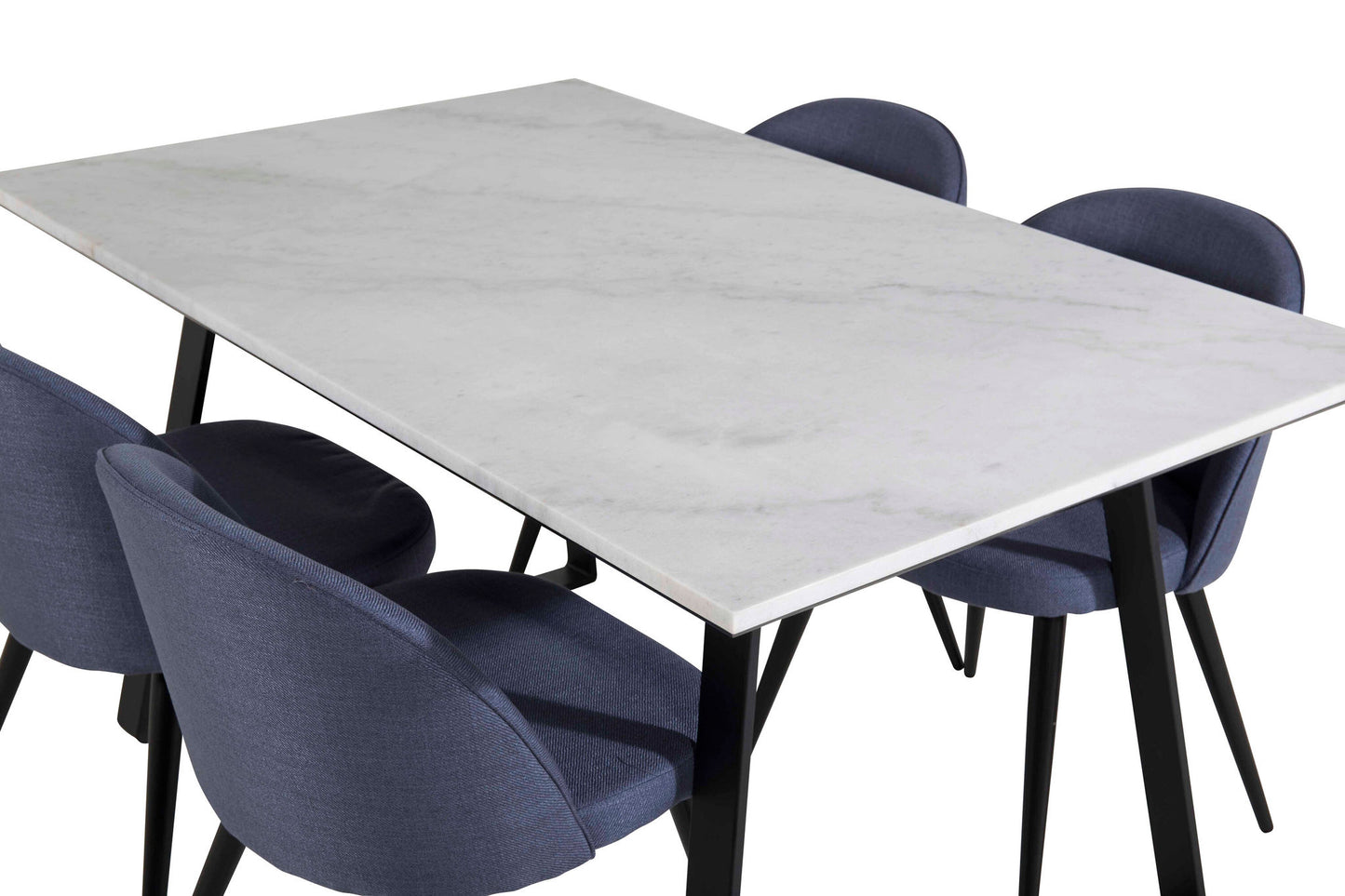 Estelle - Spisebord, 140*90 - Hvid / Sort+ velour Stol - Sorte ben - Blåt stof