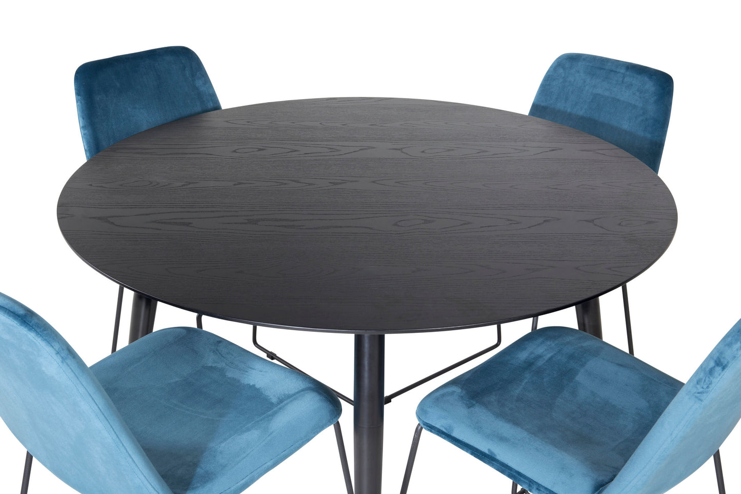 Dipp - Spisebord, 115cm - Sort finér / All sort ben + Muce Spisebordsstol - Sorte ben - Blå velour