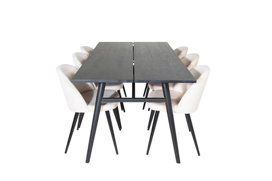 Sleek - Bord med forlængelse Sort Børstet - 195*95+ velour Spisebordsstol - Beige / Sort