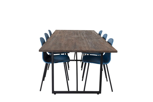 Padang - Spisebord, 250*100*H76 - Mørk Teak / Sort+Arctic Spisebordsstol - Sorte ben - Blå Plast