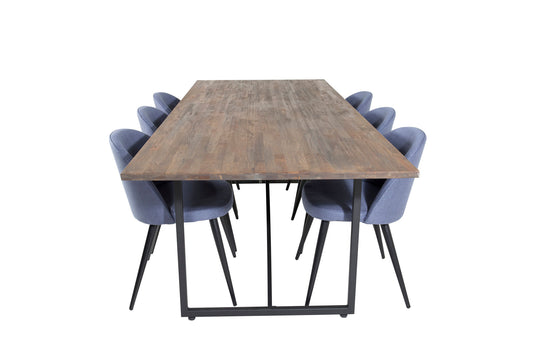 Padang - Spisebord, 250*100*H76 - Mørk Teak / Sort+ velour Stol - Sorte ben - Blåt stof