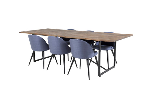 Padang - Spisebord, 250*100*H76 - Mørk Teak / Sort+ velour Stol - Sorte ben - Blåt stof
