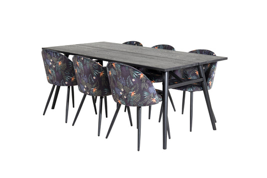 Sleek - Bord med forlængelse Sort Børstet - 195*95+ velour Spisebordsstol - Sort blomster stof