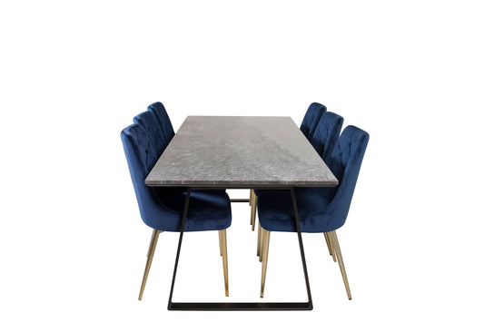 Estelle - Spisebord, 200*90 Grå Marmor / Sorte ben - velour Deluxe Stol - Blå/Mat Messing Leg