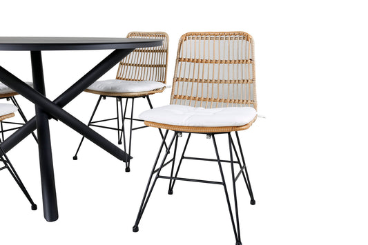 Alma - Spisebord, Sort Alu - ø120cm+Viga Spisebordsstol - Sort stål / Lys Natur flet / Hvid hynde