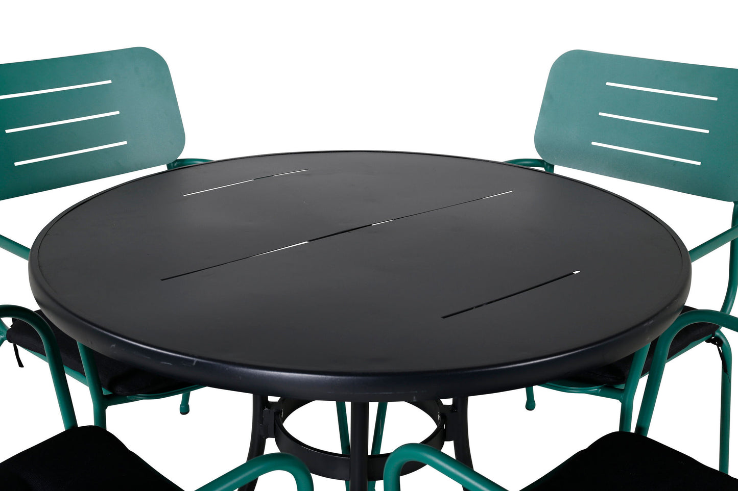Nicke - Spisebord, Sort Stål - ø90cm+Nicke stol m. armlæn - Grøn Stål