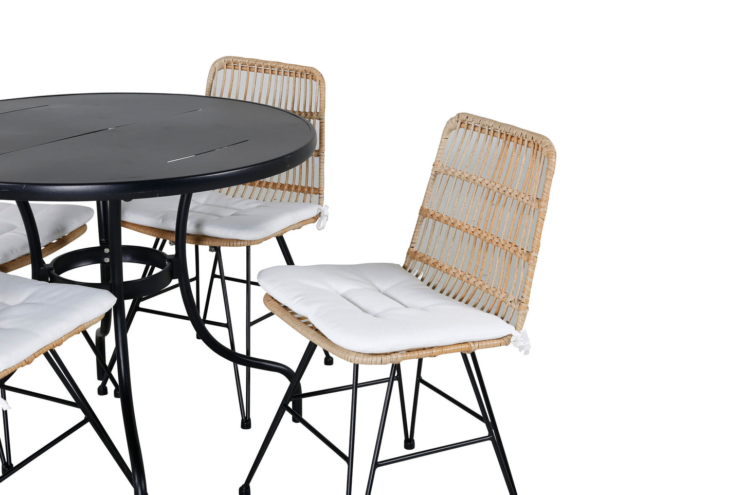 Nicke - Spisebord, Sort Stål - ø90cm+Viga Spisebordsstol - Sort stål / Lys Natur flet / Hvid hynde
