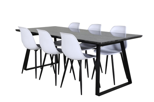 Estelle - Spisebord, 200*90*H76 - Sort+ Polar Plast Spisebordsstol - Sorte ben / Hvid Plast