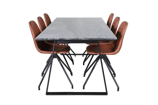 Estelle - Spisebord, 200*90*H76 - Sort+ Polar Spisebordsstol med Spi function - sort ben - Brun PU - Hvid syninger