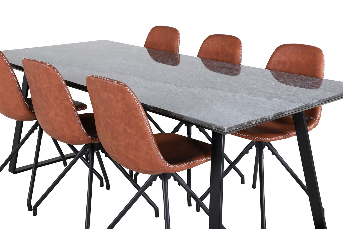 Estelle - Spisebord, 200*90*H76 - Sort+ Polar Spisebordsstol med Spi function - sort ben - Brun PU - Hvid syninger