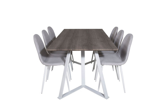 Maria - Spisebord, Grå "oak" / Hvide ben + Polar Spisebordsstol - Hvide ben - Lysegråt stof