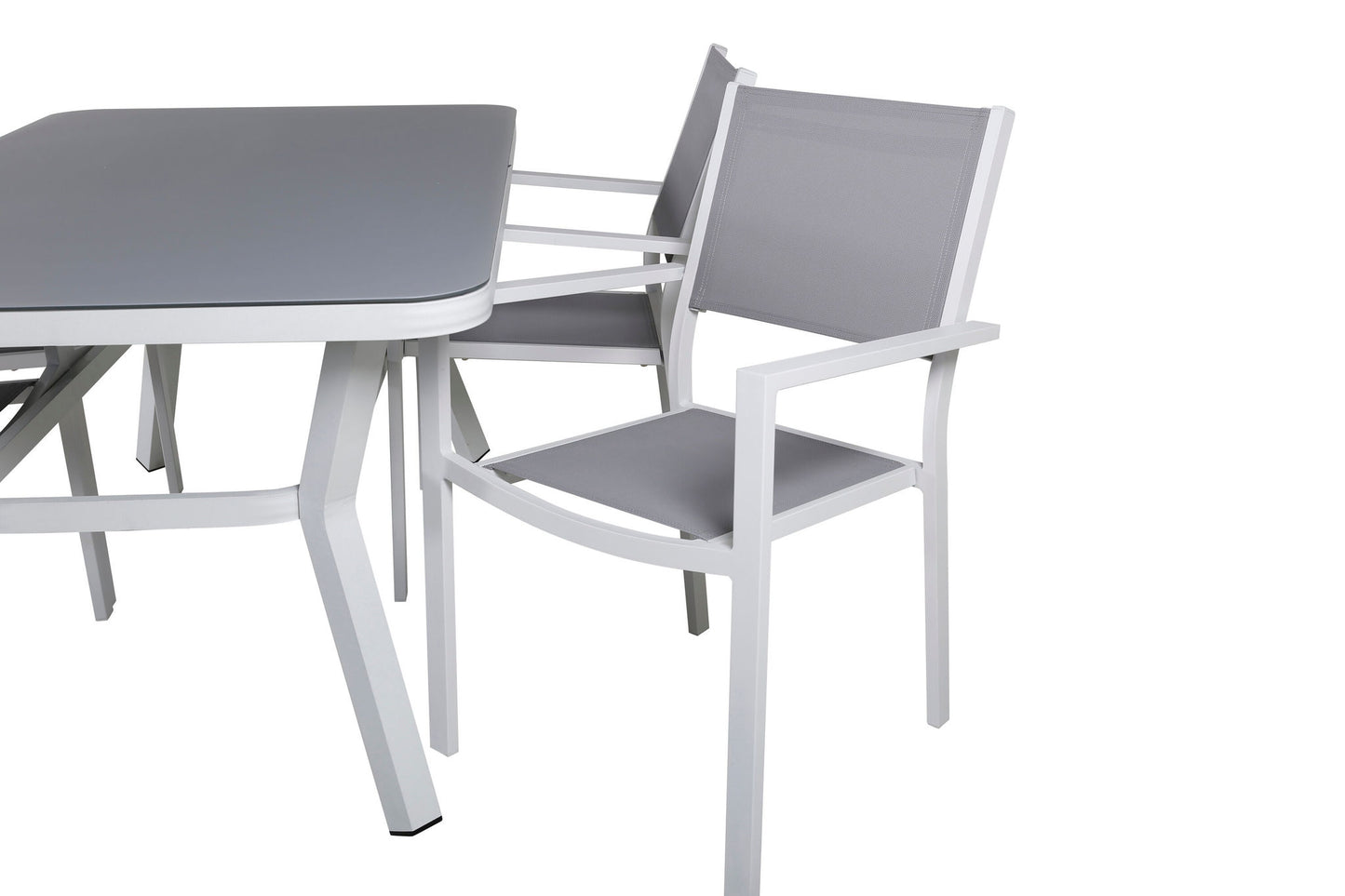 Virya - Spisebord, Hvid Alu / Grå glas - small table+Copacabana Stabelbar stol - Hvid/Grå