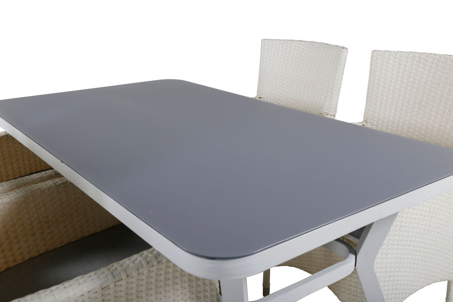 Virya - Spisebord, Hvid Alu / Grå glas - small table+ Mali - Lænestol med dyna - Hvid / grå dyna