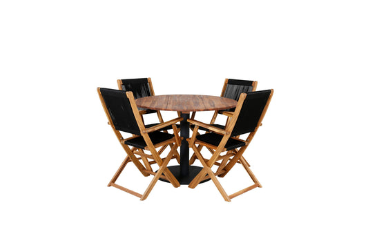Cot - Spisebord, Sort stål / akacia (teaklook) - ø100cm+ Peter foldbar stol - rope / akacia