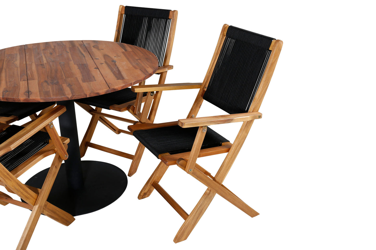Cot - Spisebord, Sort stål / akacia (teaklook) - ø100cm+ Peter foldbar stol - rope / akacia