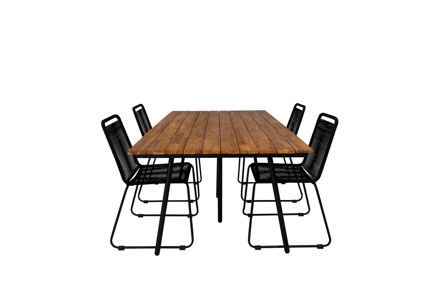 Chan - Spisebord, Sort Stål / akacia (teak look) - 200cm+Lidos Stabelbar stol - Sort Alu / Sort Reb