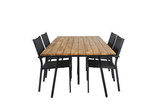 Chan - Spisebord, Sort Stål / akacia (teak look) - 200cm+Copacabana Stabelbar stol - Sort