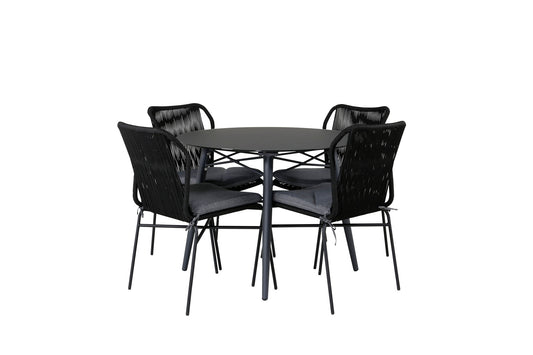 Santorini Spisebord ø 100 - sort alu / grå glas+Julian Spisebordsstol - Sort Stål / Sort Reb (stabelbar)
