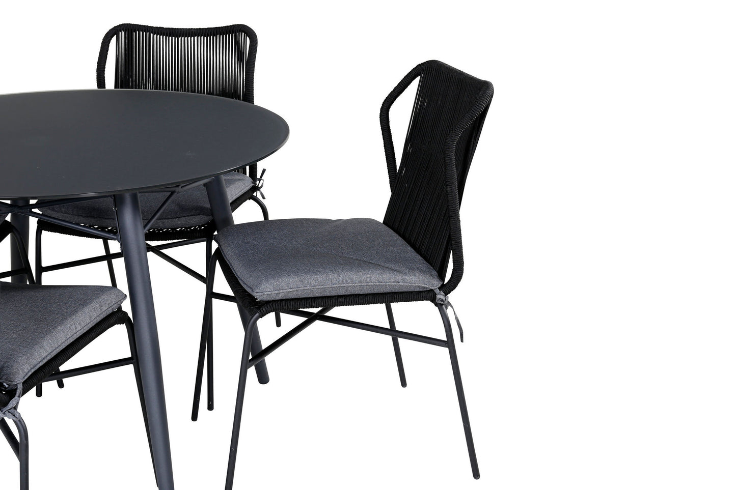 Santorini Spisebord ø 100 - sort alu / grå glas+Julian Spisebordsstol - Sort Stål / Sort Reb (stabelbar)