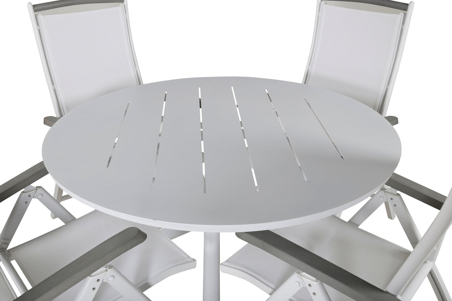 Alma - Spisebord, Hvid Alu - ø120cm+Albany 5:pos Stol - Hvid Aluminium/hvid tekstil/aittræ