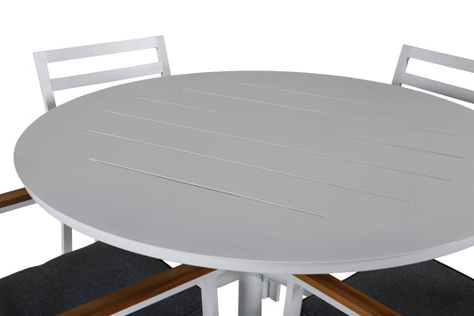 Alma - Spisebord, Hvid Alu - ø120cm+Brasilia - Lænestol (stapelbar) - Hvid Alu / Teak