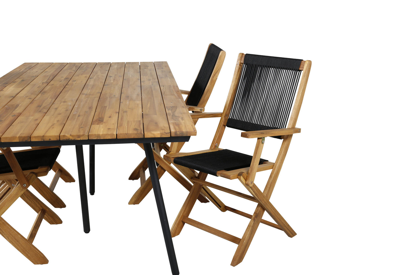 Chan - Spisebord, Sort Stål / akacia (teak look) - 200cm+ Peter foldbar stol - rope / akacia