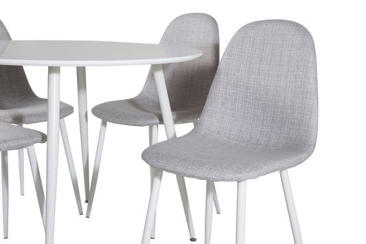 Plaza Rundt Bord 100 cm - Hvid top / Hvide ben+ Polar Spisebordsstol - Hvide ben - Lysegråt stof