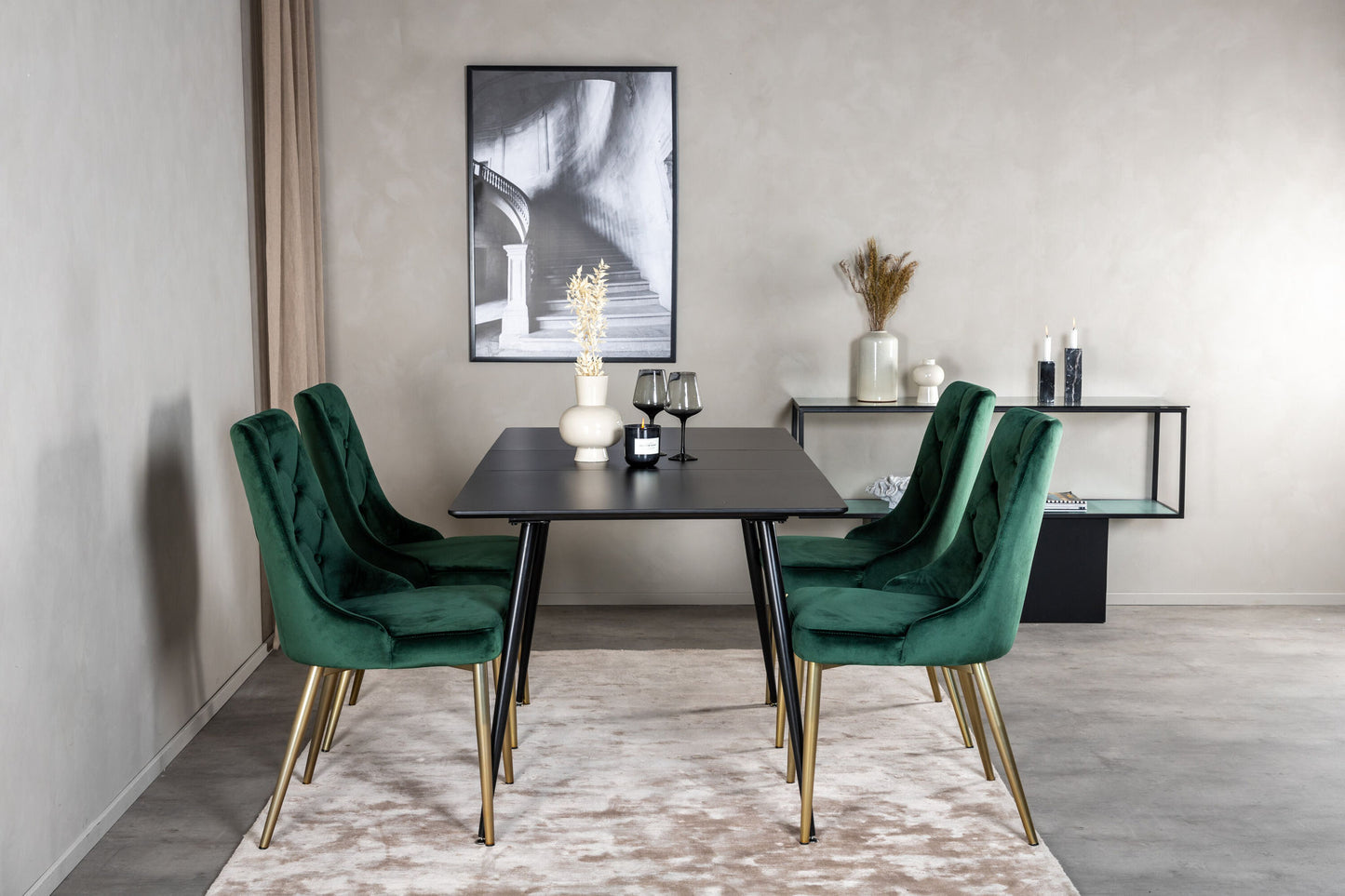 Silar - Bord m. udtræk - Sort Melami / Sorte ben+ velour Deluxe Spisebordsstol - Grøn / Messing