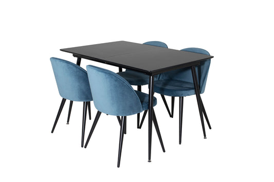 Silar - Bord m. udtræk - Sort Melami / Sorte ben+ velour Spisebordsstol - Blå / Sort