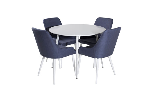 Plaza Rundt Bord 100 cm - Hvid top / Hvide ben+ Plaza Spisebordsstol - Hvide ben - Blåt stof