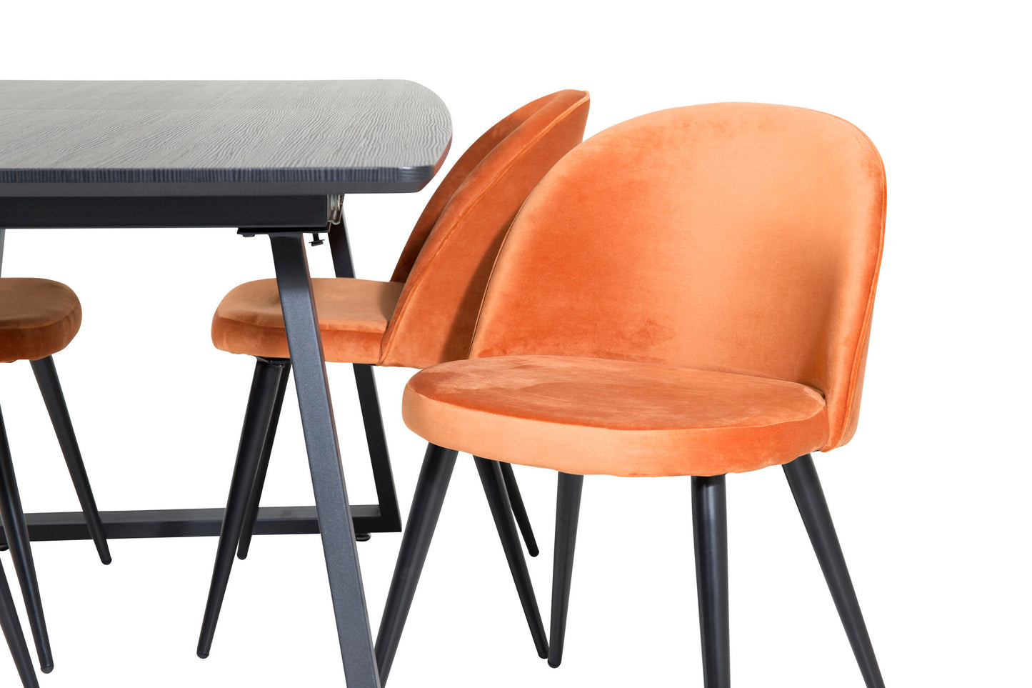 Inca - Bord med forlængelse - Sort top / sort ben+ velour Spisebordsstol - Orange / Sort