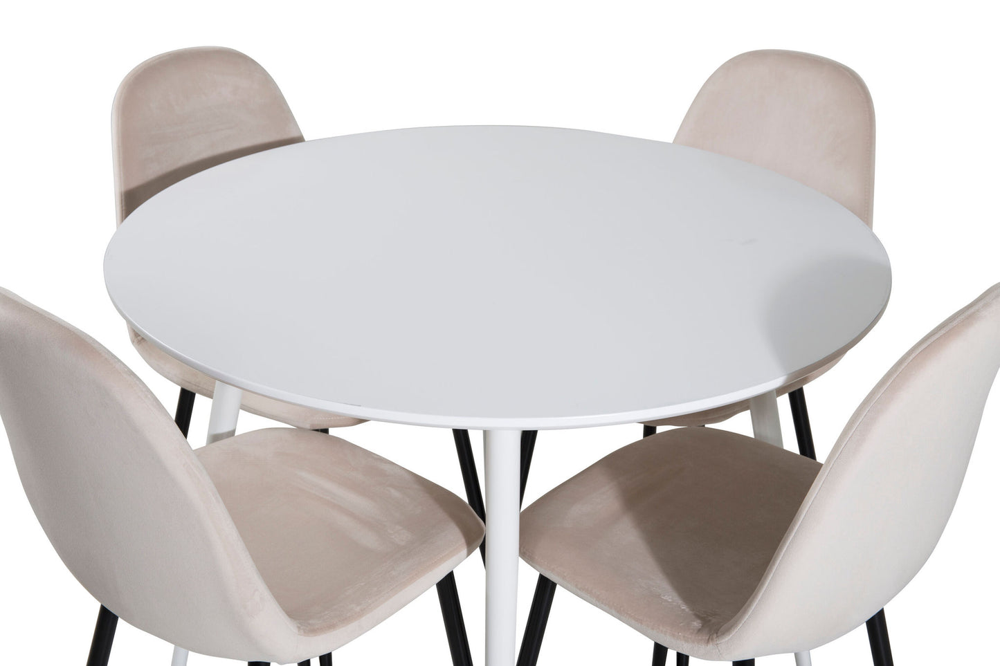 Plaza Rundt Bord 100 cm - Hvid top / Hvide ben+ Polar Spisebordsstol - Sorte ben / Beige velour (ersätter 19902-880)