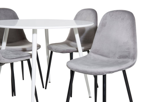 Plaza Rundt Bord 100 cm - Hvid top / Hvide ben+ Polar Spisebordsstol - Sorte ben / Lysegrå velour (ersätter 19902-885)