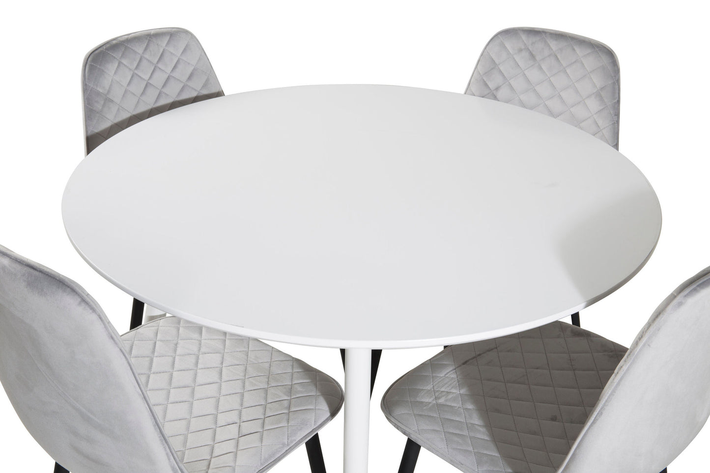 Plaza Rundt Bord 100 cm - Hvid top / Hvide ben+ Polar Diamond Spisebordsstol - Sorte ben - Grå velour