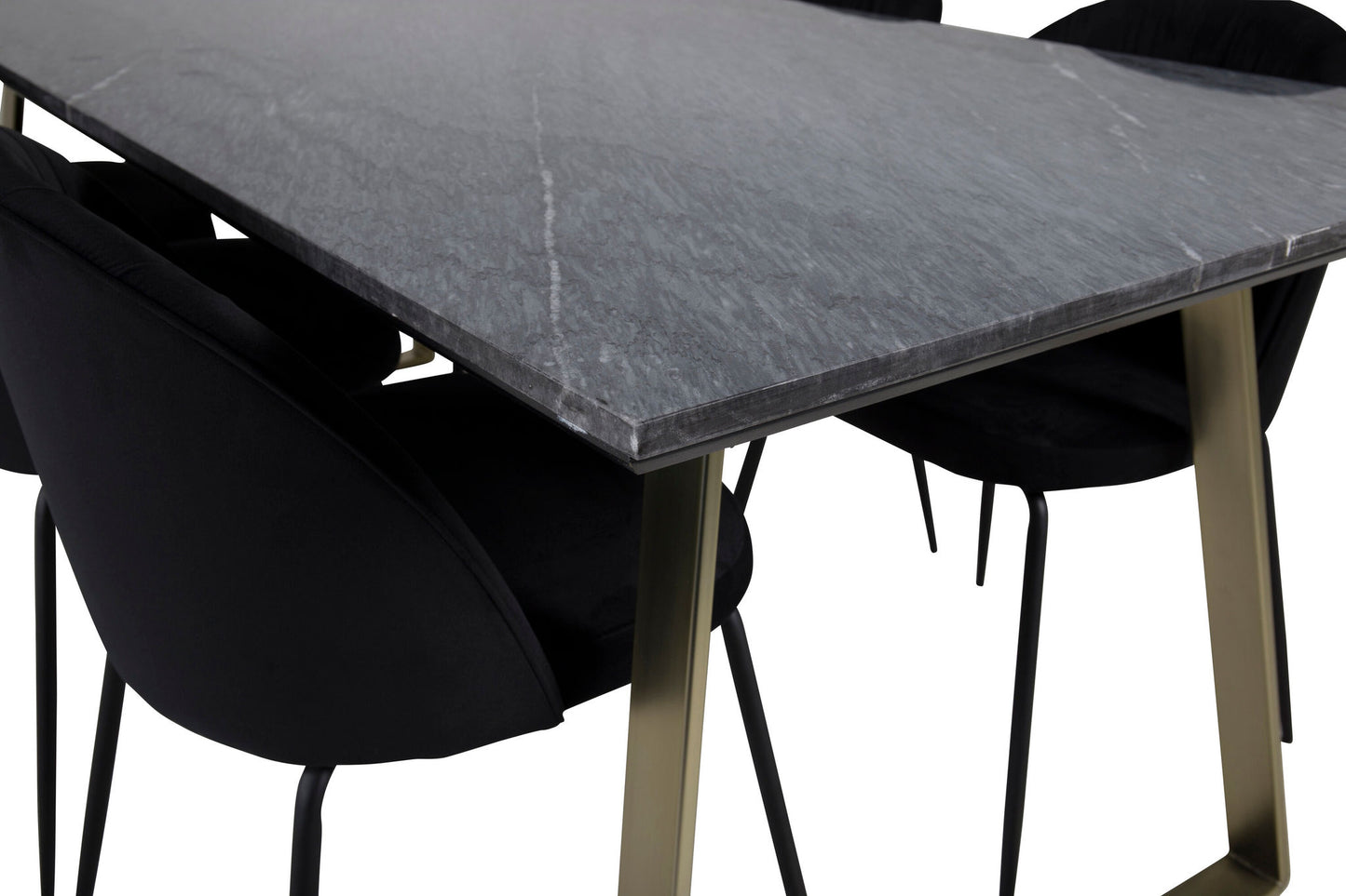 Estelle - Spisebord, 200*90*H76 - Grå / Messing+Wrikles Spisebordsstol - Sorte ben - Sort velour