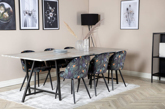 Jepara - Spisebord, 250*100*H76 - Grå /Sort+ velour Spisebordsstol - Sort blomster stof