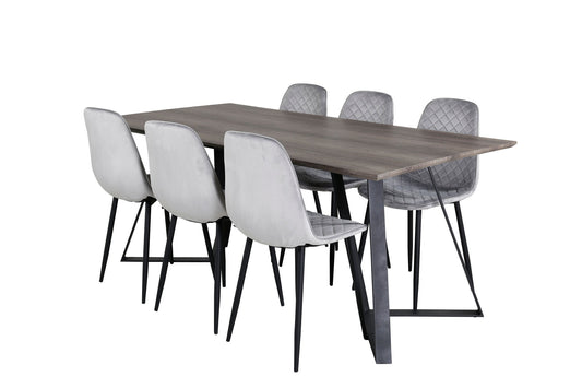 Maria - Spisebord, 180*90*H75 - Grå / Sort+ Polar Diamond Spisebordsstol - Sorte ben - Grå velour