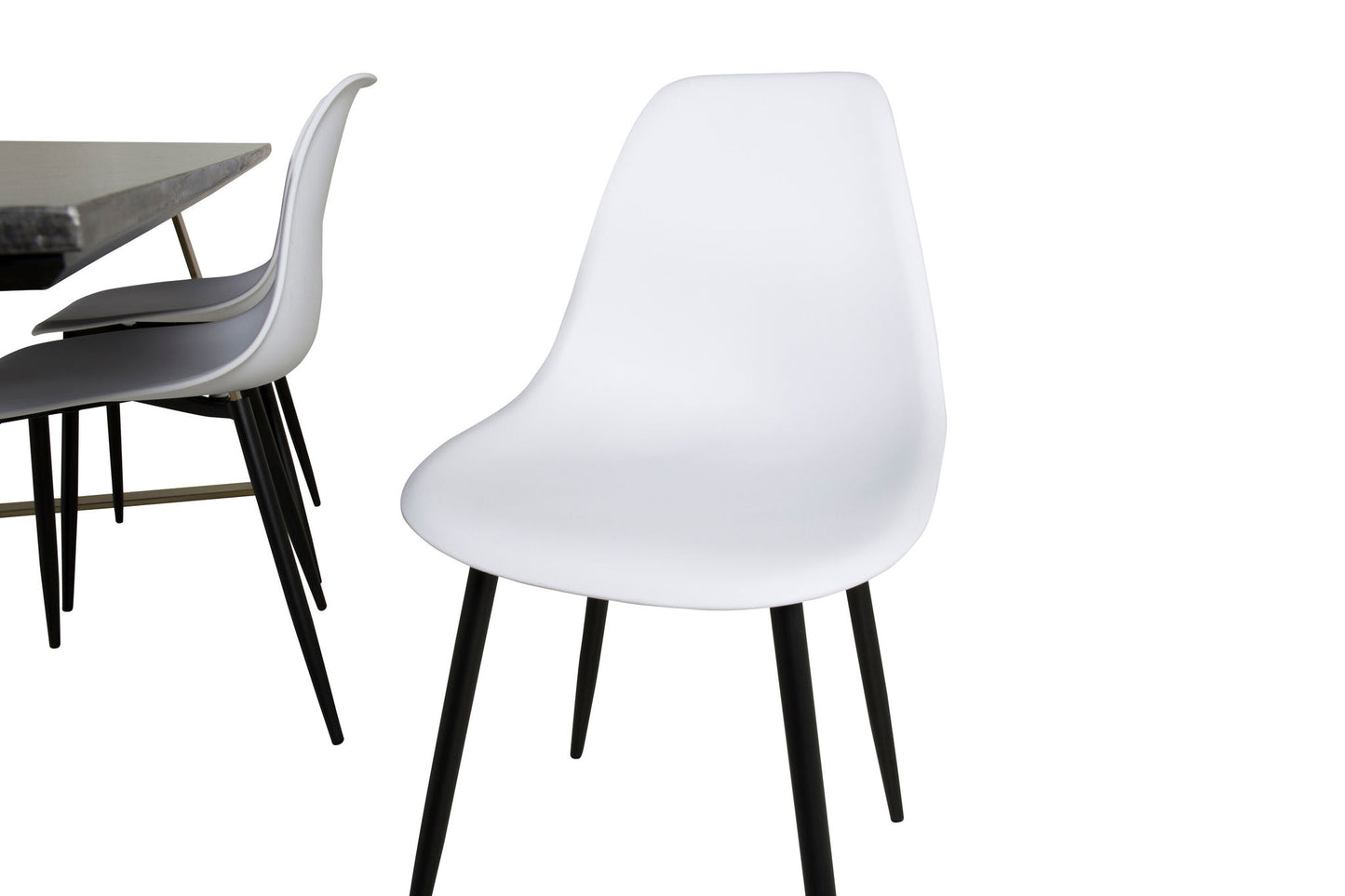 Estelle - Spisebord, 200*90*H76 - Grå / Messing+ Polar Plast Spisebordsstol - Sorte ben / Hvid Plast