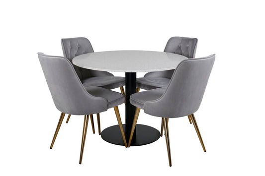 Razzia - Spisebord, 106cm - Hvid Terazzo / Sort+ velour Deluxe Spisebordsstol - Ben af børstet messig / Lysegrå velour