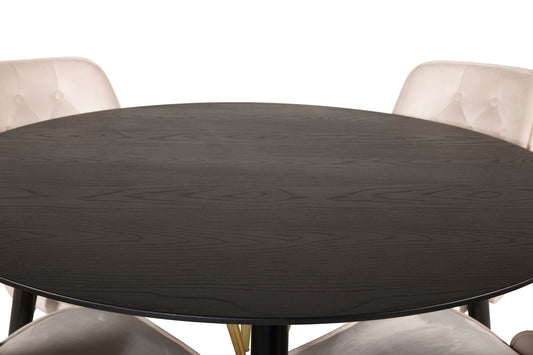 Dipp - Spisebord, 115cm - Sort finér / sort ben m. messing dipp + velour Deluxe Spisebordsstol - Ben af børstet messig / Beige velour
