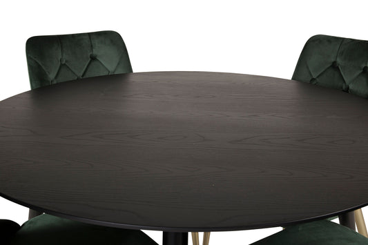 Dipp - Spisebord, 115cm - Sort finér / sort ben m. messing dipp + velour Lyx Spisebordsstol - Mat Mässig / Mossgrön Sammet