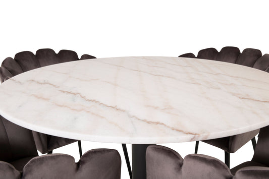 Estelle rundt Spisebord - Sort / Hvid marmor - ø106*H75+Limhamn - Stol - Grå velour