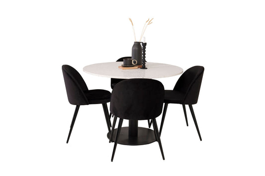 Razzia - Spisebord, 106cm - Hvid Terazzo / Sort+ velour Spisebordsstol - Sort Sammet