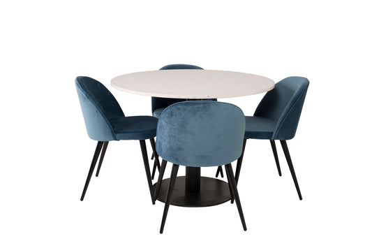 Razzia - Spisebord, 106cm - Hvid Terazzo / Sort+ velour Spisebordsstol - Sort / Blå