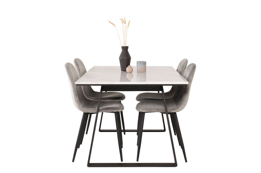 Estelle - Spisebord, 140*90 - Hvid Marmor / Sorte ben+ Polar Spisebordsstol - Sorte ben / Lysegrå velour