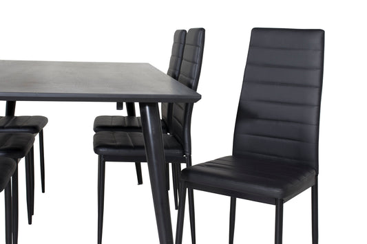 Dipp - Spisebord, 180*90cm - Sort finér / helt sorte ben + Slim High Back Spisebordsstol - Sorte ben - Sort PU