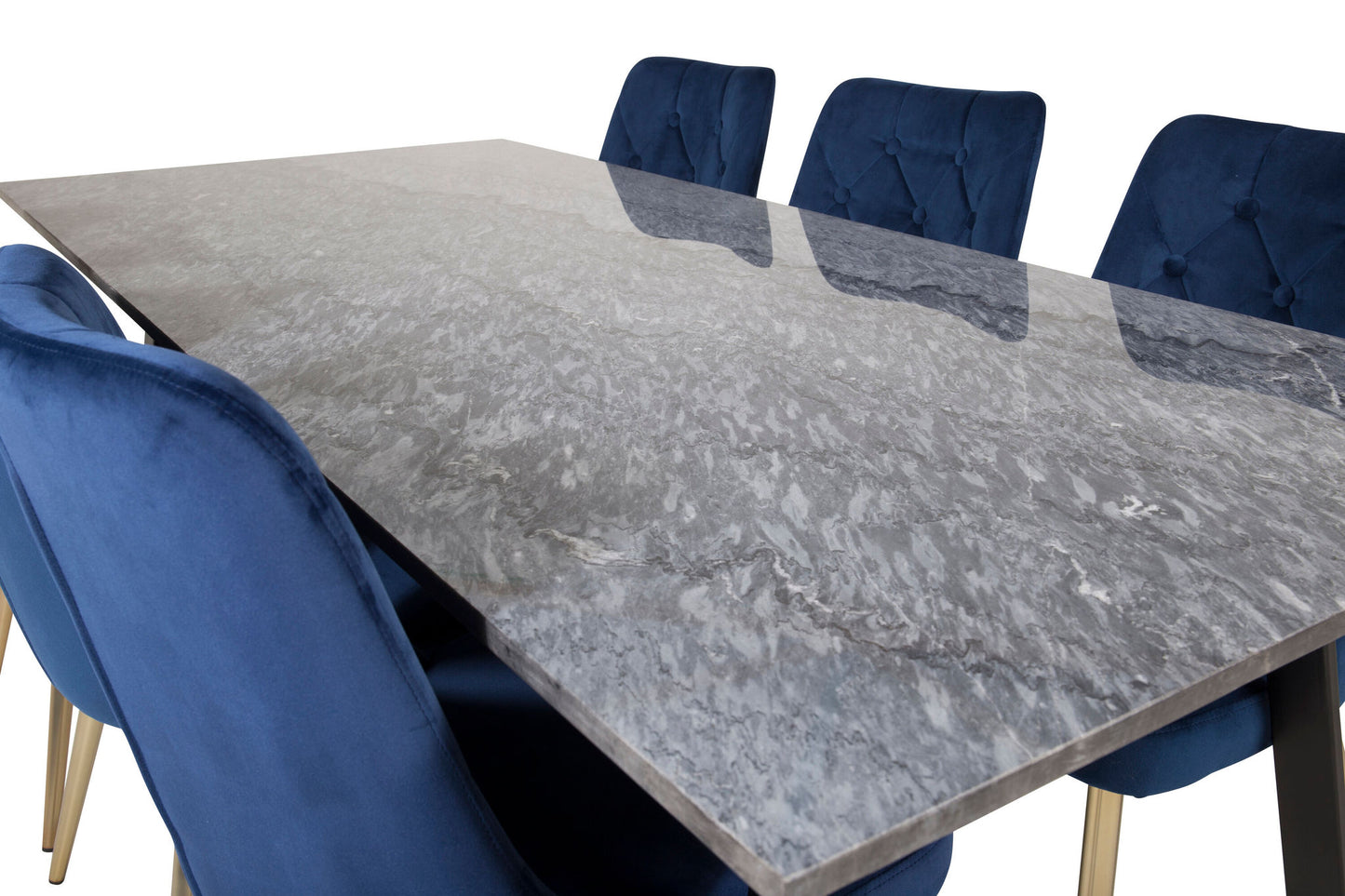 Estelle - Spisebord, 200*90 Grå Marmor / Sorte ben - velour Deluxe Stol - Blå/Mat Messing Leg