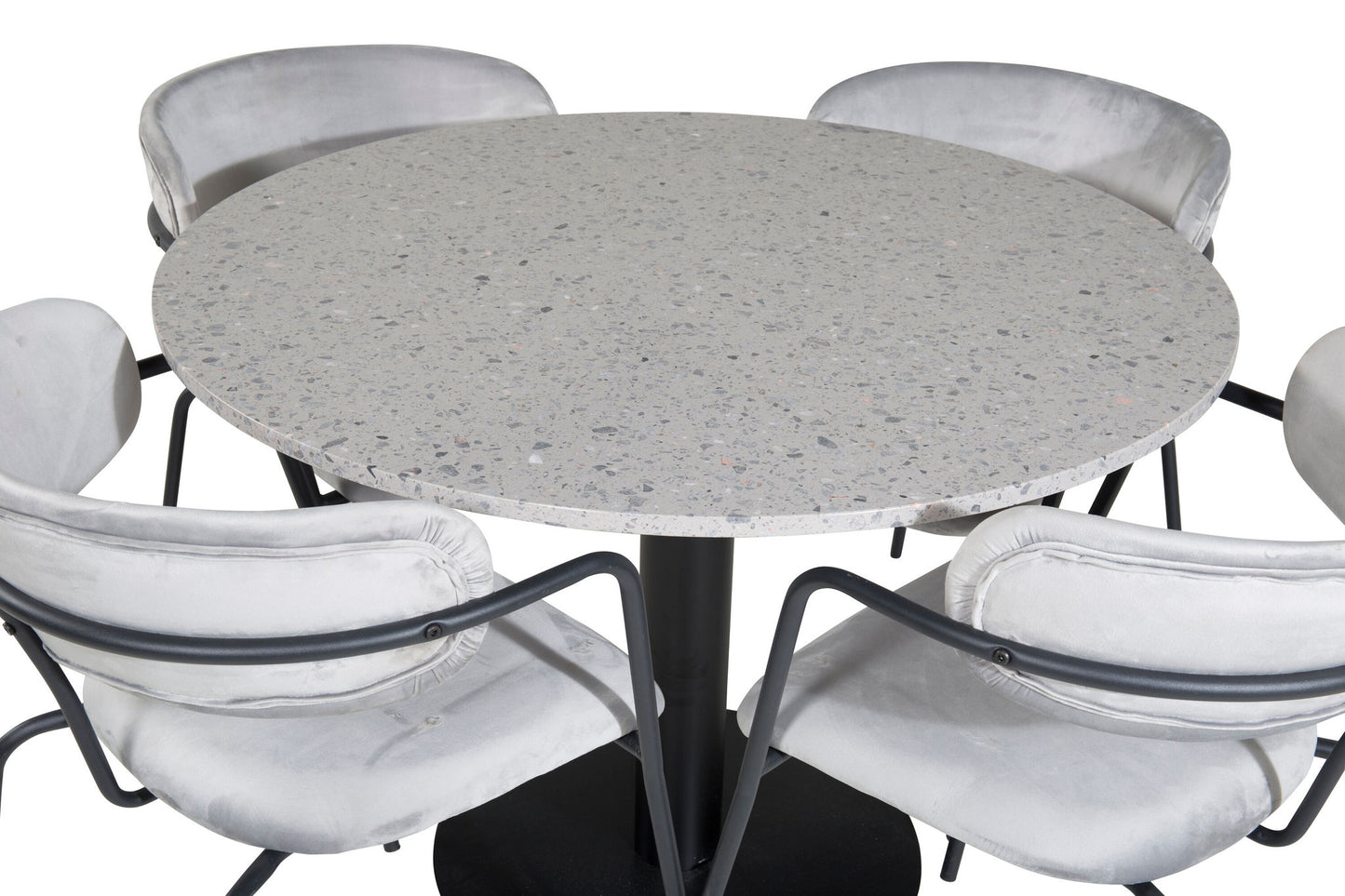 Razzia - Spisebord, ø106cm - Grå / Sort+ Slim High Back Spisebordsstol - Sorte ben - Sort PU