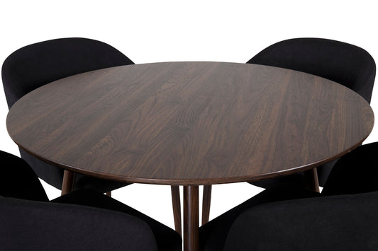 Plaza Rundt bord 100 cm - Valnød top - Valnød ben+Arch Spisebordsstol - Valnød ben - Sort Stof