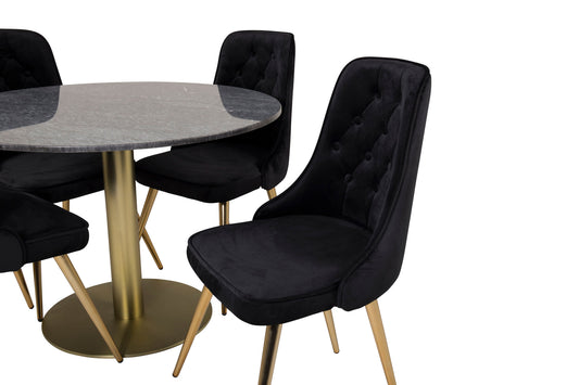 Estelle - Spisebord, rund 106cm Grå Marmor / Messing - velour Deluxe Stol - Sort/Mat Messing Leg 4